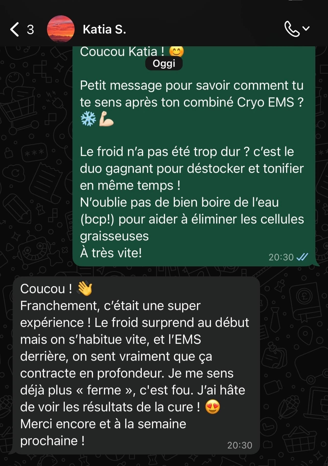 Témoignage client après un soin combiné Cryo EMS avec l’appareil ORION