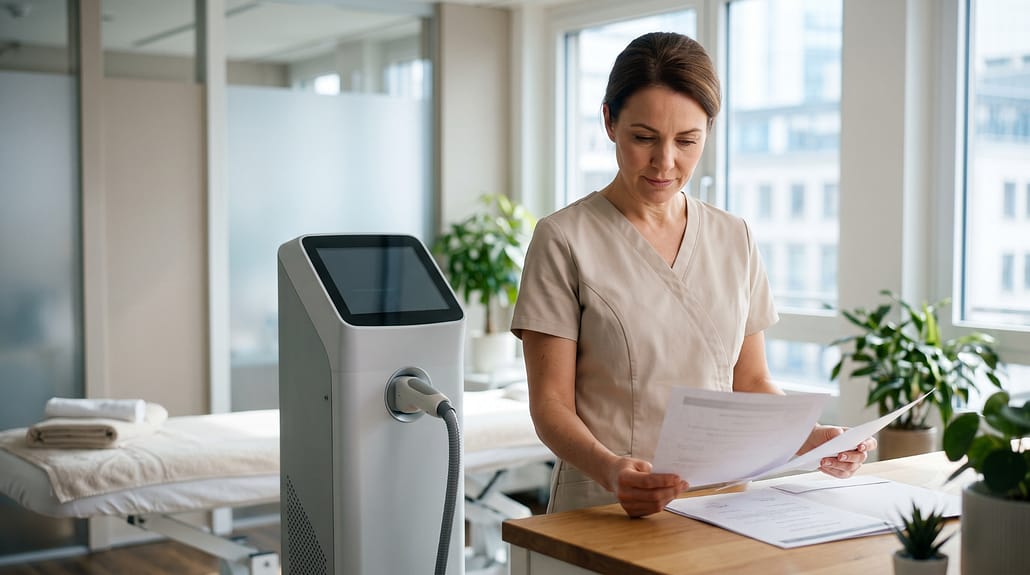 Directrice d'institut esthétique vérifiant un certificat CE de conformité à côté d'un appareil laser professionnel