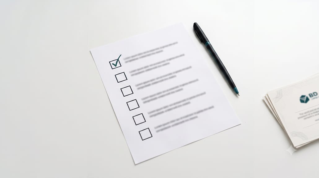 Checklist de vérification avant achat d'un laser esthétique, avec certificats de conformité sur une table
