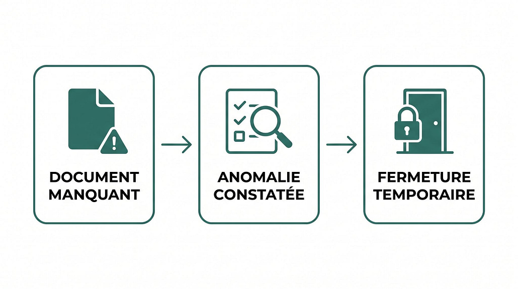 Schéma des conséquences d'une anomalie en institut esthétique : document manquant, anomalie constatée, fermeture temporaire