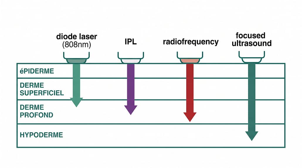 Schéma simplifié des profondeurs d’action. Les autorisations d’utilisation dépendent de l’O-LRNIS/V-NISSG, de la qualification de l’opératrice et du type de dispositif.